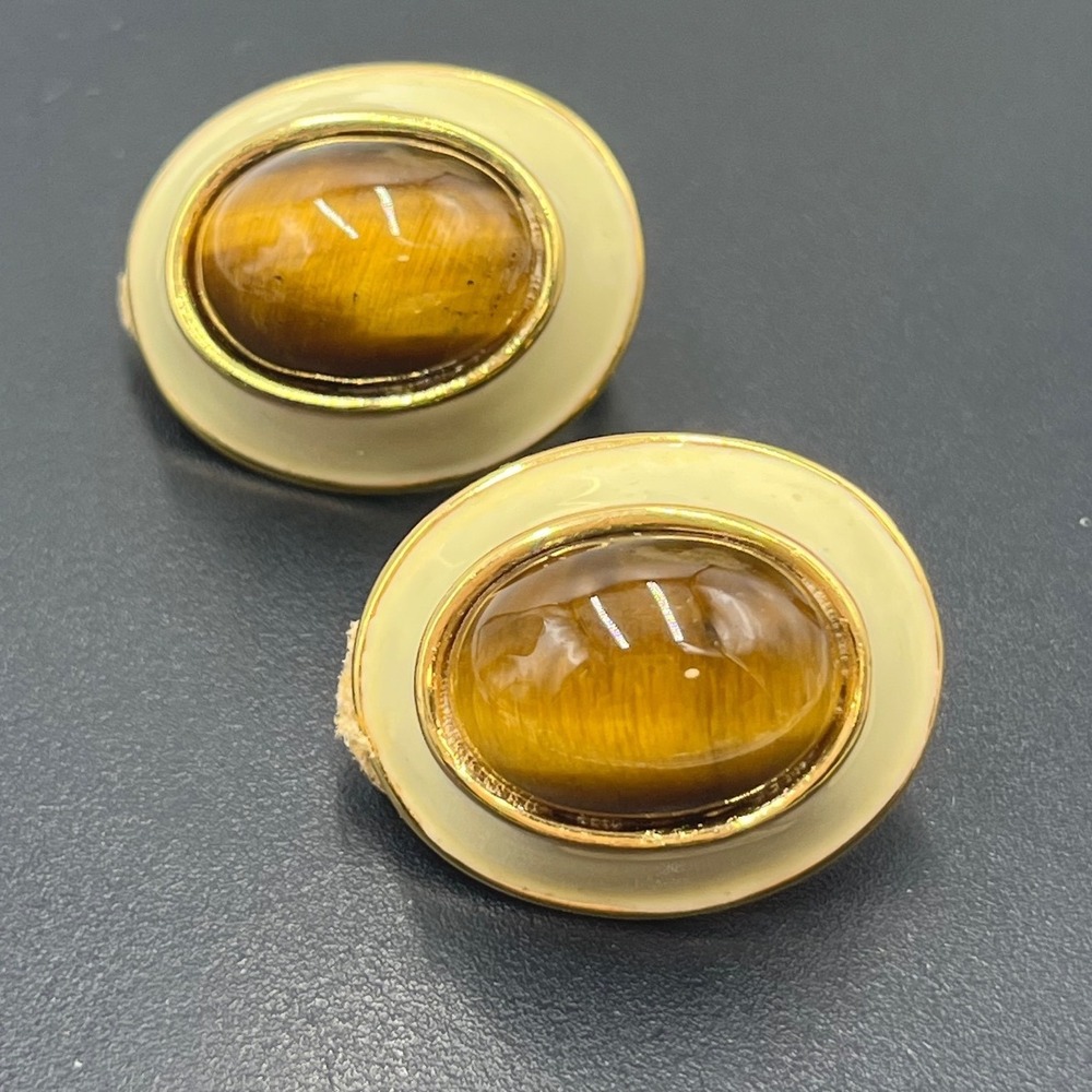 Donald Stannard Vintage Signed Cabochon Clip Statement Tiger 
Eye Motif Earrings